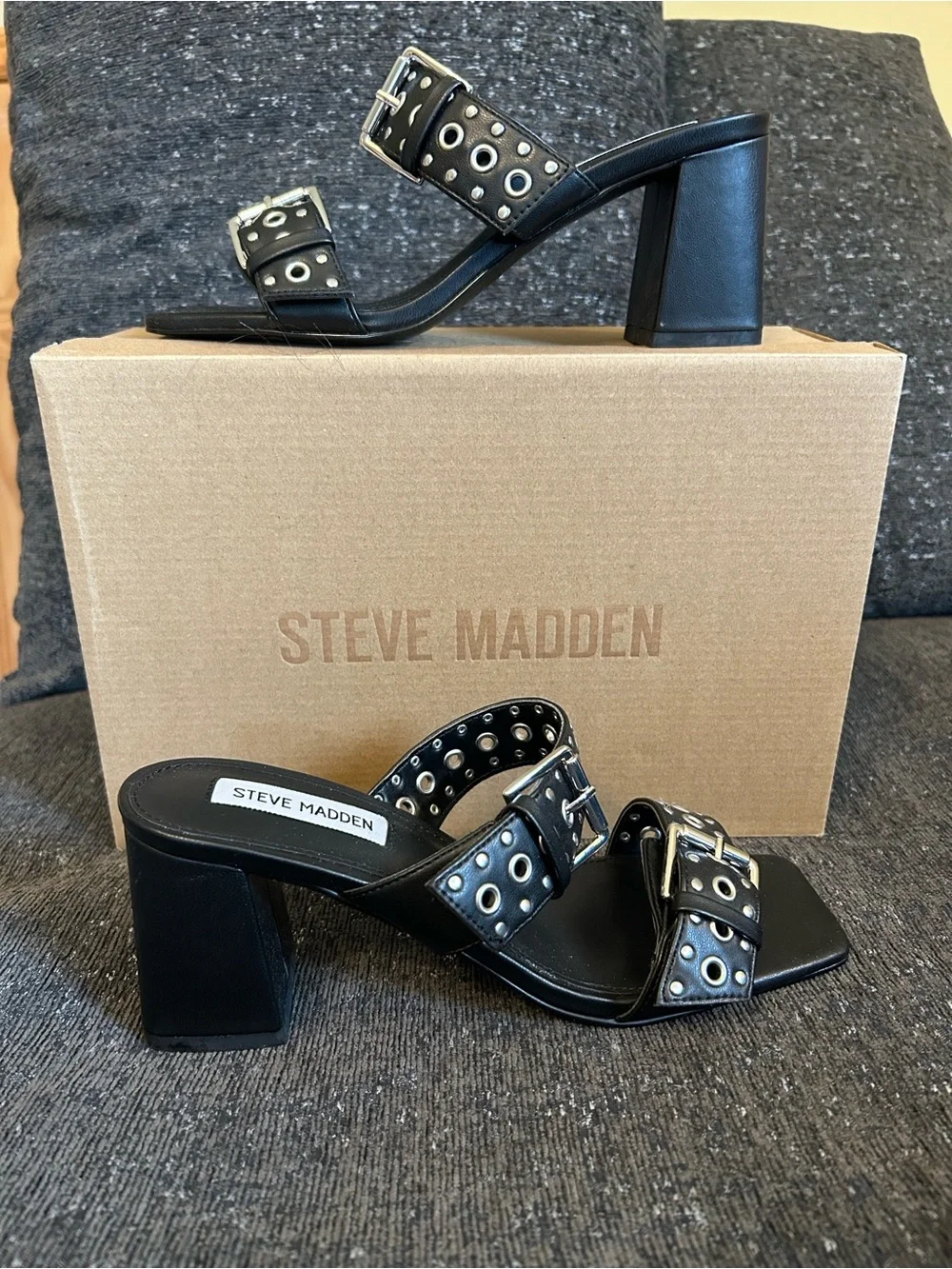 Steve Madden Black Grommet Buckle Block Heel Mules - Picture 4 of 8
